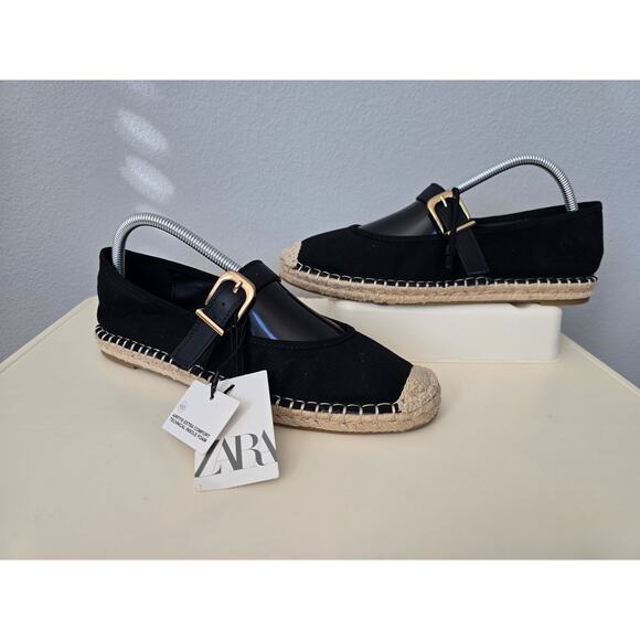 ZARA Black Espadrille Mary Janes Size 10 NWT Buckle Flats Summer It Girl Style - Picture 5 of 11